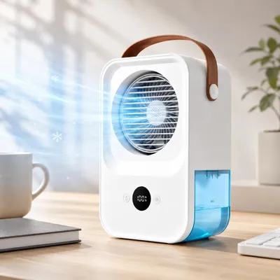 Produktbild von Mini Luftkühler mit 4 Windstufen, 650-ml-Wassertank & Sprühnebel, 3-in-1 USB-Tischventilator für Büro und Schlafzimmer, Weiß