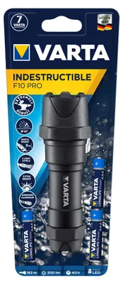 Produktbild von Varta Taschenlampe LED 6 Watt inkl. 3x AAA Batterien, Indestructible F10 Pro Leuchte, Lampe, Arbeitsleuchte mit zwei Leuchtmodi, extrem robuste Taschenleuchte, klein, wasser- und staubgeschützt, Taschenlampe, Schwarz, Aluminium, 9 m, IP67, LED