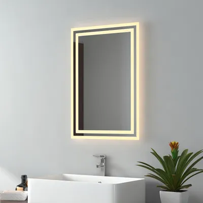 Produktbild von EMKE LED koupelnové zrcadlo 40x60cm Koupelnové zrcadlo s osvětlením 2 barvy světla 3000/6500K Světelné zrcadlo Nástěnné zrcadlo s tlačítkovým vypínačem + ochrana proti zamlžení IP44 Úspora energie