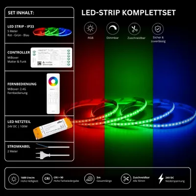 Produktbild von LED Streifen Set RGB IP33 – COB LED Streifen 24V, 14 W/m, 5m, punktfrei – SS100 Netzteil, SM5 Matter Controller  und  C5 Fernbedienung Weiß