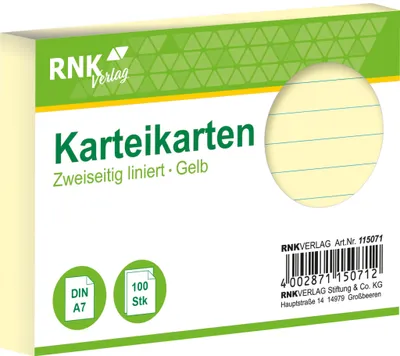 Produktbild von RNK Karteikarte A7 liniert gelb 100St blaue Kopflinie