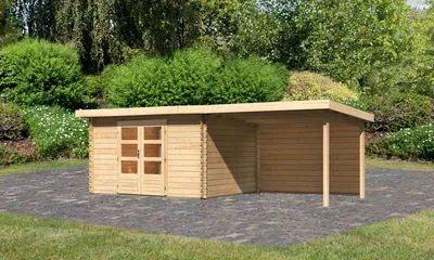 Produktbild von Gartenhaus Blockbohlenhaus Gerätehaus Bastrup 7 im Set mit Anbaudach 3 m breit, 28 mm Rückwand naturbelassen 640x297x222 cm