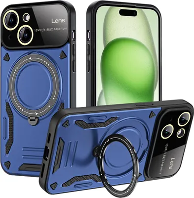 Produktbild von Rüstung Handyhülle für iPhone 15 Plus Dual-Layer Magnetisches Ringhalter Ständer Magsafe Hülle Blau
