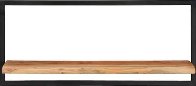 A wooden shelf with a black metal frame against a white background.