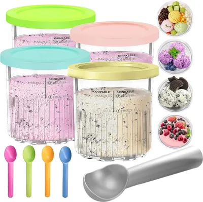 Produktbild von 4 Stück Creami Behälter für Die Ninja Creami, 24oz Behälter für Ninja Creami-Eismaschine, Creami Becher mit 5 Löffel Eisbehälter für Speiseeis, Eismaschine Creami Zubehör für NC501 NC500 Serie
