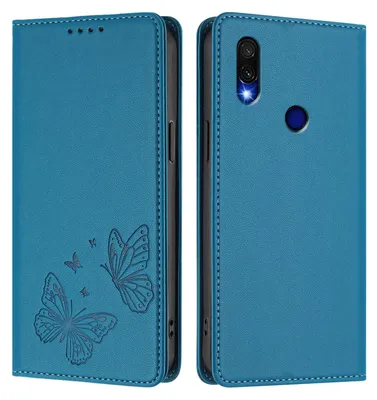 Produktbild von Lederhülle für Xiaomi Redmi 7, Schmetterling Prägung Leder Brieftasche Schutzhülle mit Ständer Blau