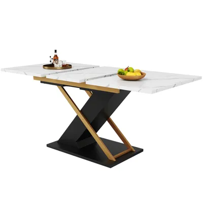 Produktbild von okwish Esstisch  Ausziehtisch Küchen-Wohnzimmertisch Anstecktisch Ausziehbar auf 160cm Esstisch mit goldenen Kreuzbeinen ，Schwarz+Weiß