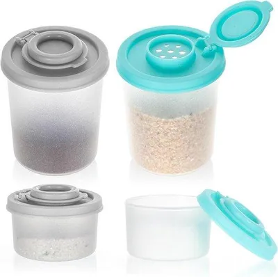 Produktbild von Plastische Mini-Salz- und Pfeffersets - 4-teilig - camping- und picknickgeeignet - mit wasserdichten Abdeckungen - ideal für unterwegs - Küchenaccessoire mit klaren, grauen und Minzabdeckungen