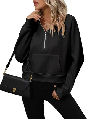 Produktbild von ASKSA Damen Kapuzenpullover Kurze Sweatjacke Sweatshirt Fleece Hoodies mit Taschen, Schwarz, S