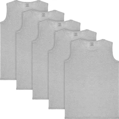 Produktbild von BRUBAKER 5er Pack Herren Muskelshirt Tank Top Unterhemd - Rundhals Ausschnitt - aus hochwertiger Baumwolle (glatt) - Extra Lang - Nahtlos - Hellgrau - Größe L