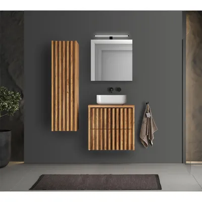 Produktbild von Badmöbel Set 3-teilig Eiche Desio-107 LED Spiegelschrank, Keramik Waschbecken