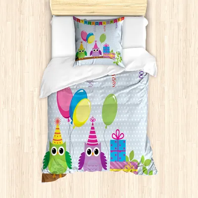 Produktbild von ABAKUHAUS Geburtstagsfeier Mantele, Cartoon-Eule bei Party, Milbensicher Allergiker geeignet mit Kissenbezügen, 135 cm x 200 cm - 80 x 80 cm, Baby blau