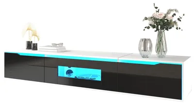 Image de Meuble TV - Meuble multimédia - Meuble mural - Finition noir et blanc brillant - Éclairage LED avec 16 couleurs