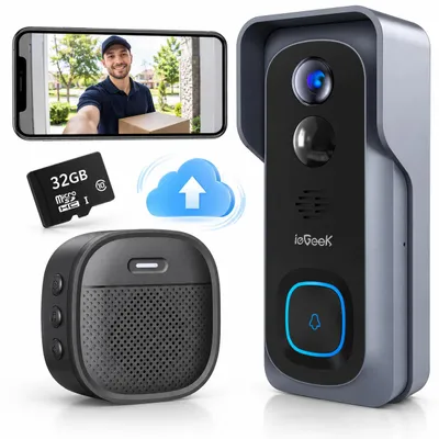 Productafbeelding van Deurbel met 2K-camera, batterij, draadloos bereik, IP66 waterdicht, met gong voor huisgebruik