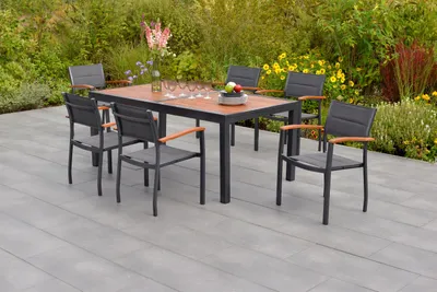 Produktbild von Merxx Gartenmöbel Set Paxos 7tlg., 6 Staplelsessel, Ausziehtisch 180 (240) x 100 cm- Aluminium/Akazie/Textil