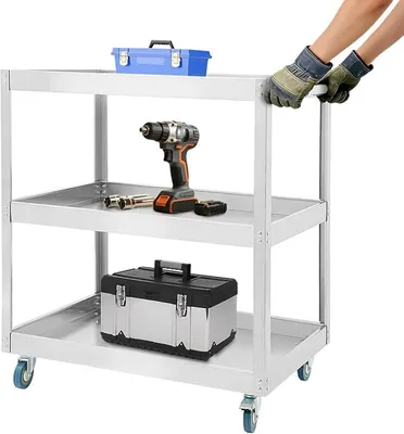 Produktbild von 3-Etagen Edelstahl Rollwagen Werkstatt, Rollbar Montagewagen mit 150-200kg Tragkraft, Multifunktionaler Materialwagen mit Rollen, Kommissionierwagen, Vielzweckwagen für Garage, Werkstatt, 66x35x71cm