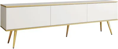 A white TV lowboard with gold legs and trim, shown against a white background.