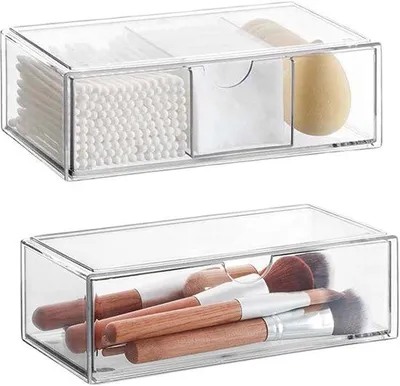 Produktbild von 2-teiliger Kosmetik-Organizer – Acryl-Aufbewahrungsbox für das Badezimmer – Transparente Box für Make-up, Wattestäbchen, Wattepads und Parfüm