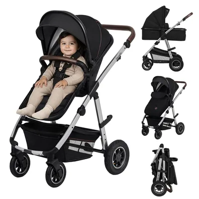 Produktbild von Lionelo Amber Kinderwagen 2 in 1 Kombikinderwagen, Set mit sportlichen Sitz, Fester Babywanne, Tasche, Moskitonetz, Abdeckung Regenblatt -Black Silver