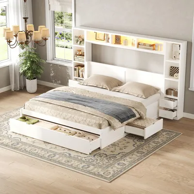 Produktbild von okwish Stauraumbett 140×200 mit 7 Schubladen,LED-Lichtleiste,Jugendbett mit mehreren Staufächern,Holzbett Weiß,ohne Matratze