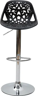 A black bar stool with a decorative seat and a chrome base and stem.