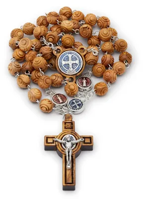 Olivenholz-Rosenkranz mit St. Benedikt-Medaillon, Zamak