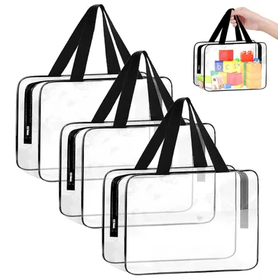 Produktbild von TRANKIELO® – 3 transparente Aufbewahrungsbeutel für Spielzeug mit Seitentaschen – wasserdichte PVC-Tasche, 30x23x8 cm