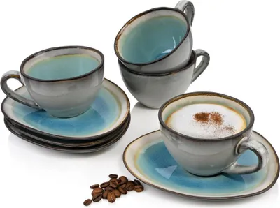 Produktbild von Sänger Kaffeetassen Set Capri 8 teiliges Tassen Set für 4 Personen aus Steingut, Tee-Becher und Untertasse, erweiterbar, Alltag, Frühstück, Café, Brunch, besonderes Dinner, Outdoor Kaffee-Service