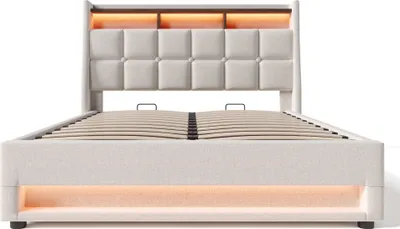 Produktbild von Flieks Polsterbett 180x200cm mit USB, Jugendbett Doppelbett mit Lattenrost und Stauraum, Stauraumbett mit LED, Leinen, Beige