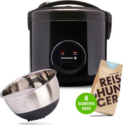 Produktbild von REISHUNGER Basis Reiskocher Starter Set, Großer Basis Reiskocher schwarz Keramik,Reiswaschschüssel Edelstahl (Schwarz), Finde deinen Lieblingsreis Set