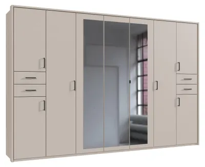 Produktbild von Drehtürenschrank Kleiderschrank 313cm Passepartout Spiegel Beige Grau Griffe schwarz / 22586