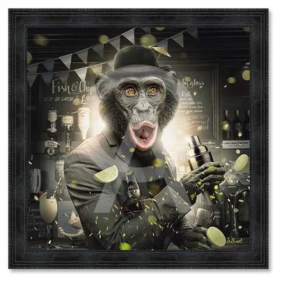 Image de Cadre en bois avec impression en PVC vernis "Singe Bar" - Noir - 100 x 100 cm - Collection Binet
