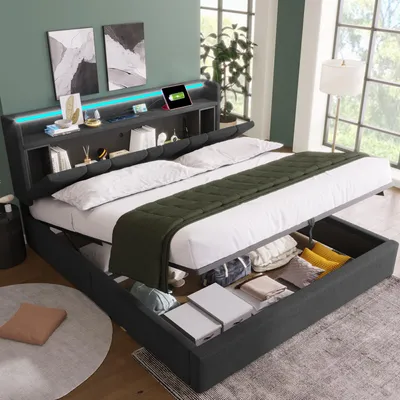 Produktbild von MODFU Polsterbett Doppelbett 160x200cm mit aufladen USB Ladefunktion und LED-Beleuchtung, Hydraulisches Boxspringbett(Ohne Matratze), Grau