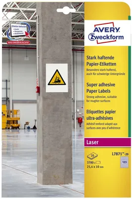 Immagine prodotto di Avery Zweckform® L7871-20 L7871-20 Etichette di carta - A4, 3.780 pezzi, 25,4 x 10 mm, adesivo forte, bianco