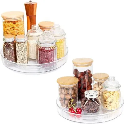 Zdjęcie produktu dla Zestaw 2 obrotowych półek Unyqoos® (23,5 + 27 cm) – przezroczyste, obrotowe półki typu "Lazy Susan" do organizacji kuchni, idealne do szafek, spiżarni i blatów