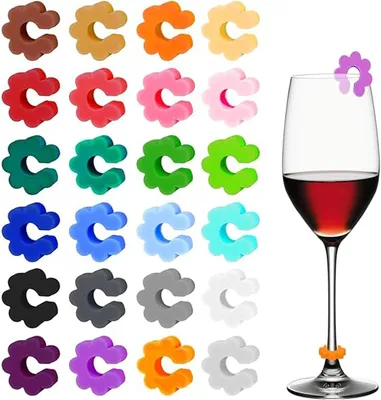 Image de Étiquettes pour verres à vin avec bouchons - Lot de 24 - Étiquettes en silicone pour verres et bouteilles - Idéales pour la décoration de fêtes