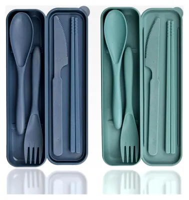 Produktbild von Besteckset, 2-teiliges Campingbesteck mit Etui, Kunststoff Reisebesteck Löffel, Messer, Gabel, Essstäbchen, tragbares und wiederverwendbares Campingbesteck für Picknick und Outdoor