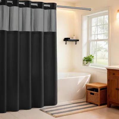 Image de Rideau de douche,rideau de salle de bain sans crochets ( 190 × 181 cm) avec fenêtre transparente en haut,double épaisseur, imperméable et lavable