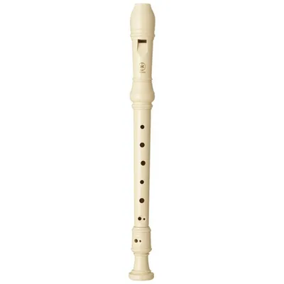 A cream-colored soprano recorder is shown vertically against a white background.
