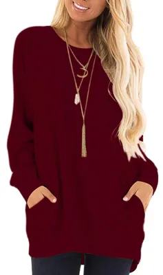 Produktbild von AUSELILY Langarmshirts, Damen, Rundhals-T-Shirts, legere Blusen mit Taschen, Bur