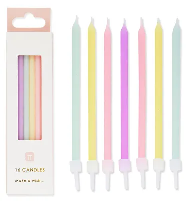 Produktbild von Packung mit 16 Regenbogen-Pastell Geburtstagskerzen mit Halterungen, Lang, Dünn, 10 cm, Kerzen Geburtstag Kuchendeko Kinder, Tochter, Mädchen-Party