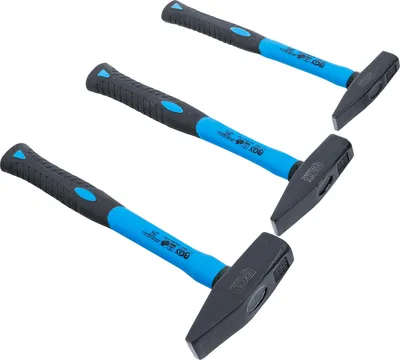 Three hammers are arranged diagonally on a white background.