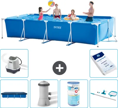 Produktbild von Intex-Schwimmbecken mit rechteckigem Rahmen – 450 x 220 x 84 cm – Blau – im Lieferumfang enthalten Abdeckung - Filterpumpe für Schwimmbad - Filter - Reinigungskit - Salzwassersystem - Poolsalz