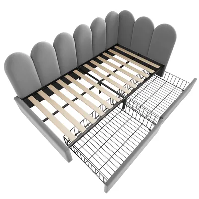 Produktbild von Flieks Polsterbett 90x200cm mit 2 Schubladen, Schlafsofa mit Lattenrost, Tagesbett Gästebett Stauraumbett Sofabett Kinderbett Jugendbett, Samt, Grau