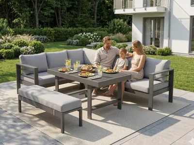Produktbild von MeXo Gartenlounge Set Aluminium 5-teilig, L-Form Sofa mit Tisch für 6–8 Personen, wetterfest