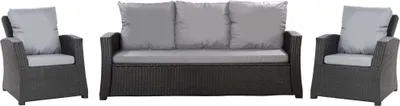 A set of outdoor furniture cushions, including a sofa cushion and two armchair cushions, displayed on a white background.