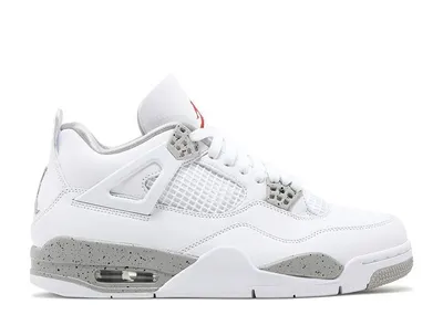 A side view of a white Air Jordan 4 Retro sneaker with gray speckled accents and a red Jumpman logo on the tongue.
