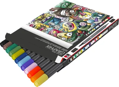 Obrázok produktu pre Marabu Aqua Pen Graphix, 12 farba/farieb, Čierna, Modrá, Hnedá, Zelená, Limetka, Oranžová, Ružová, Červená, Kolo, 12 kusov
