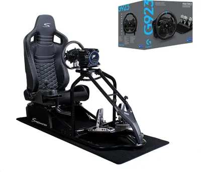 Produktbild von SIM Racing Cockpit Seat Pro Sim Rig SCHWARZ | Gaming Simulator Cockpit Rennsimulator Lenkradständer mit Logitech G923 Bundle Carbonfaser Optik Schwarz