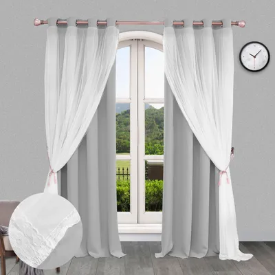 A window with gray curtains and sheer white overlays, tied back with pink ribbons, revealing a garden view. A clock is on the wall.